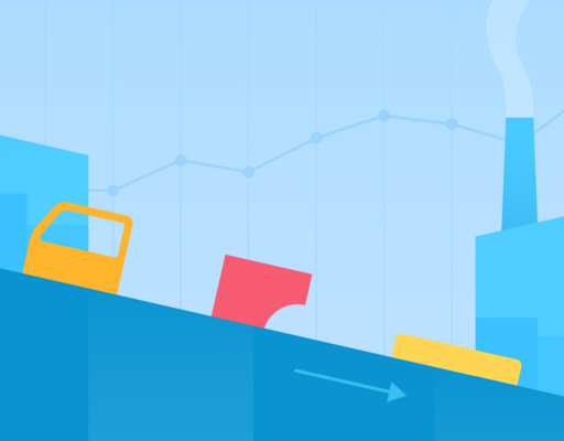 Eine Zeichnung zeigt ein Fließband, auf dem Fahrzeugteile ein Gefälle abwärts fahren. Im Hintergrund sind die rauchenden Schlote einer Fabrik zu sehen.