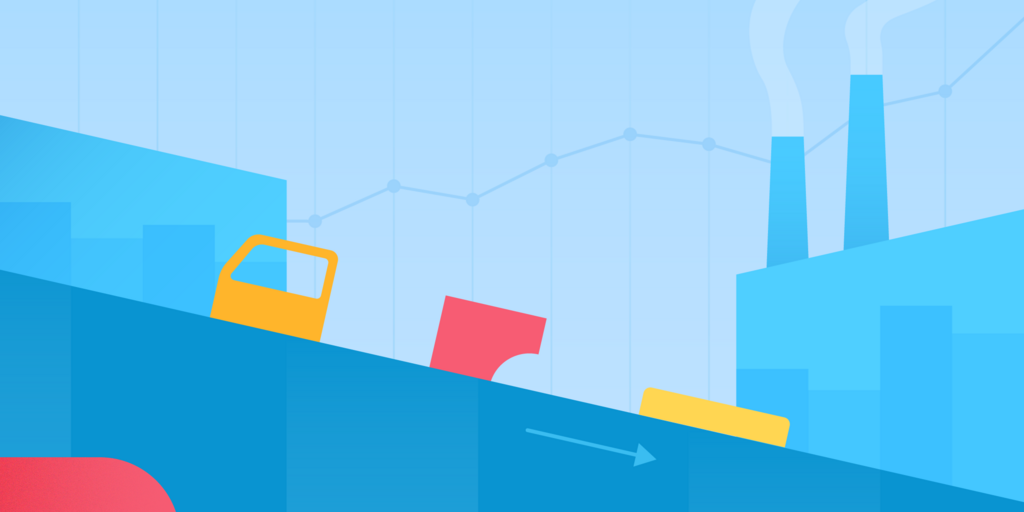 Eine Zeichnung zeigt ein Fließband, auf dem Fahrzeugteile ein Gefälle abwärts fahren. Im Hintergrund sind die rauchenden Schlote einer Fabrik zu sehen.