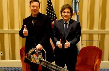 Politics with a chainsaw: Javier Milei (right) and Elon Musk. Photo by Argentina.gob via Wikimedia Commons, CC BY 4.0 https://creativecommons.org/licenses/by/4.0/deed.en