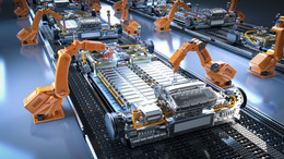 Roboter-Montagelinie mit Elektroauto-Batteriezellen-Modul auf Plattform, Automation Automobilfabrik Konzept mit 3d Rendering Roboter-Montagelinie mit Elektroauto-Batteriezellen-Modul auf Plattform