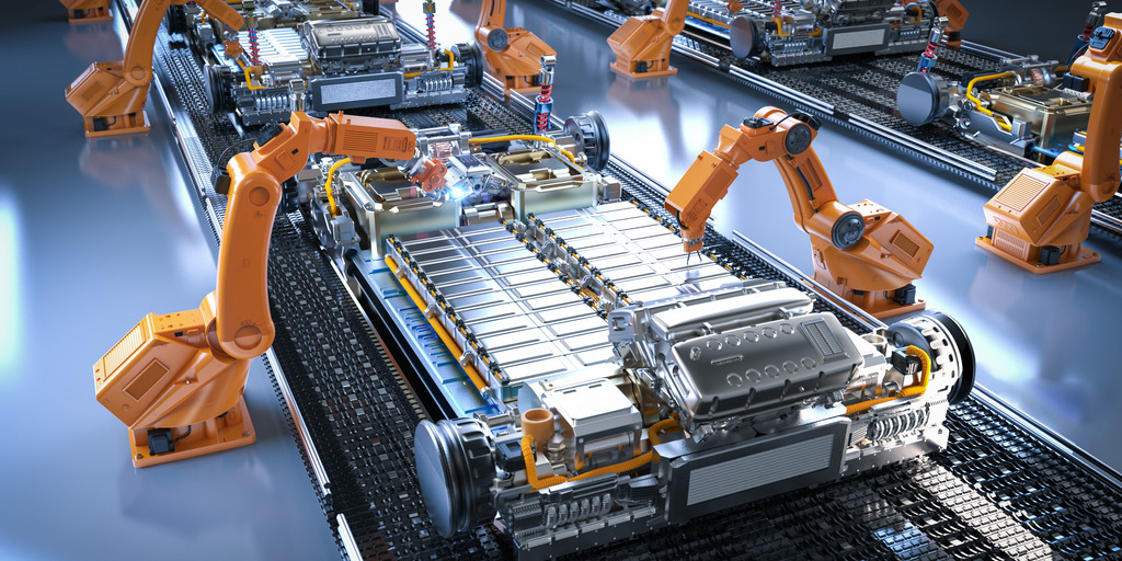Roboter-Montagelinie mit Elektroauto-Batteriezellen-Modul auf Plattform, Automation Automobilfabrik Konzept mit 3d Rendering Roboter-Montagelinie mit Elektroauto-Batteriezellen-Modul auf Plattform
