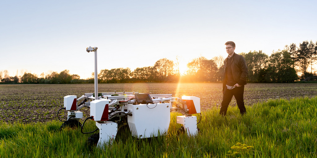 Junger Mann geht auf einem Feld