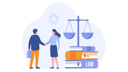 Zeichnung eines Mannes und einer Frau, die sich die Hand geben. Daneben zu sehen: eine Waage als Symbol der Justiz sowie ein paar Gesetzesbücher