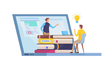 Illustration: E-Learning mit großem Laptop, Stapel „Tutorial“-Bücher und Dozent auf dem Bildschirm, eine sitzende Person mit aufleuchtender Glühbirne als Idee.