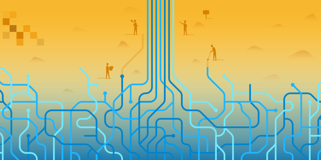 The lower half of the picture shows blue lines that are densely intertwined. Towards the center, the tangle unravels and the lines run straight upwards. The background shows a color gradient from yellow to blue, and four little figures can be seen working.