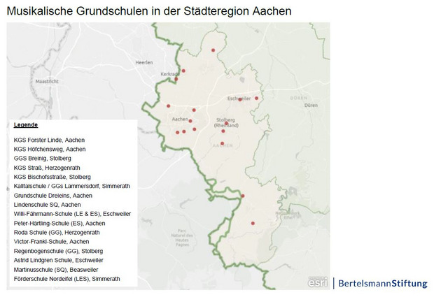 Landkarte der Musikalischen Grundschulen in der Städteregion Aachen