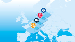 Map of the country in blue, showing various layers and symbols.