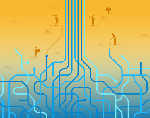 The lower half of the picture shows blue lines that are densely intertwined. Towards the center, the tangle unravels and the lines run straight upwards. The background shows a color gradient from yellow to blue, and four figures can be seen working.