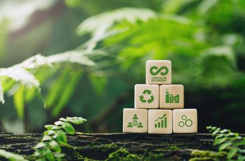 Holzwürfel mit einem Kreislaufwirtschaftssymbol auf grünem Hintergrund