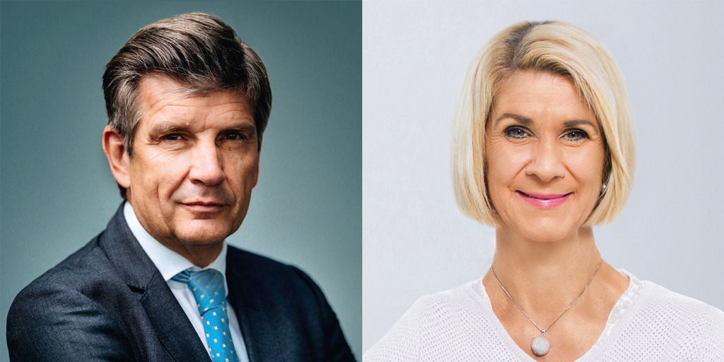 Porträtfotos des Vorstandsvorsitzenden der Bertelsmann Stiftung, Ralph Heck, und des Vorstandsmitglieds Brigitte Mohn