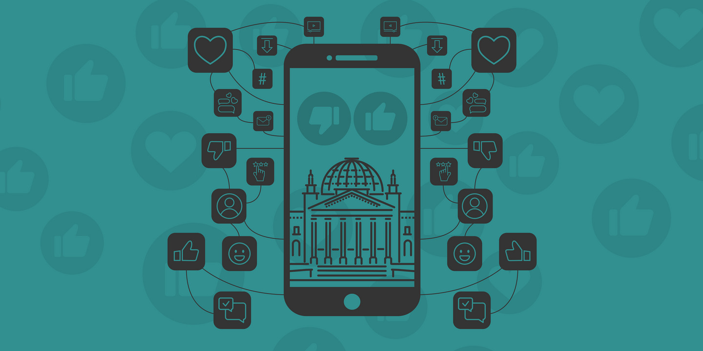 Man sieht einen türkisen Hintergrund mit einem stilisierten Smartphone. Auf dem Display ist das Reichstagsgebäude dargestellt. Es sind außerdem Likes und Herzen angedeutet.