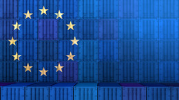 Stacked freight containers that together form the EU flag