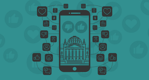 Türkiser Hintergrund, vor dem ein stilisiertes Smartphone mit dem Reichtagsgebäude im Display zu sehen ist.