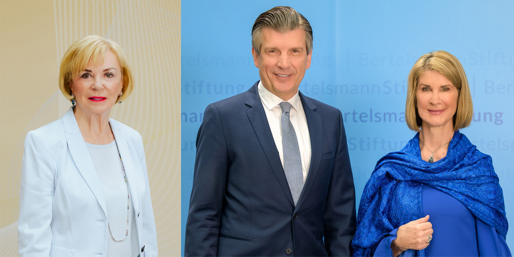 Eine Collage zeigt die Präsidentin des Liz Mohn Centers und die Vorstände der Bertelsmann Stiftung: Liz Mohn, Ralph Heck und Brigitte Mohn.