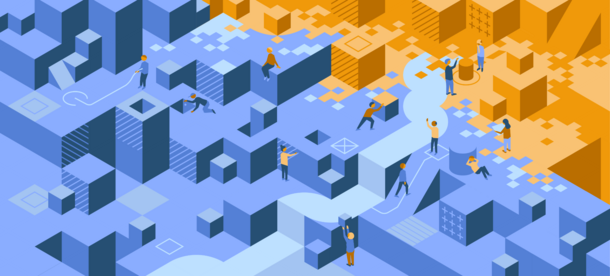 Isometrische Illustration einer abstrahierten digitalen Stadtlandschaft in Blau- und Orangetönen. Mehrere Personen bewegen sich durch ein labyrinthartiges System aus Würfeln, Ebenen und Treppen, interagieren mit digitalen Elementen oder arbeiten gemeinsam an verschiedenen Aufgaben. Ein hellblauer, geschwungener Pfad verbindet die Szenen und symbolisiert den digitalen Informations- oder Prozessfluss zwischen den Bereichen. Die Grafik steht sinnbildlich für Digitalisierung, Vernetzung, Zusammenarbeit und digitale Transformation.