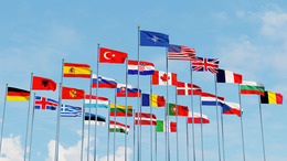 The North Atlantic Treaty Organisation, also known as the North Atlantic Alliance, is an intergovernmental military alliance between 30 member states - the photo shows 28 European and two North American flags against a blue sky.