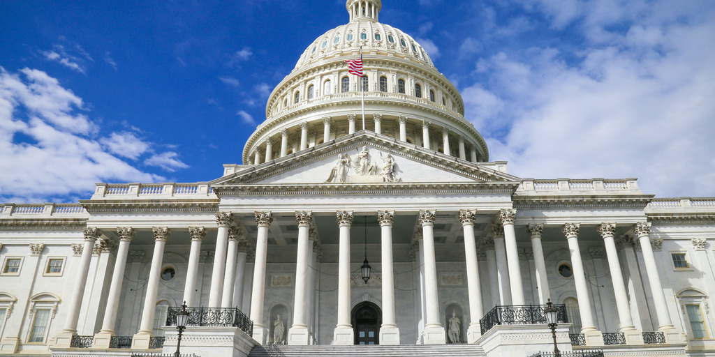 Außenansicht des Kapitols, des Gebäudes des US-Kongresses in Washington, DC.