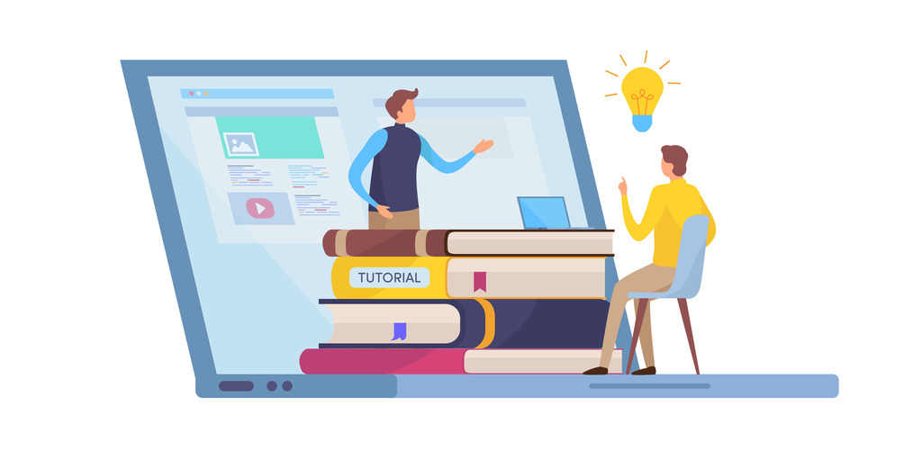 Eine Zeichnung zeigt einen aufgeklappten Laptop, auf dessen Tastatur ein Bücherstapel liegt und vor dem zwei Personen stehen.