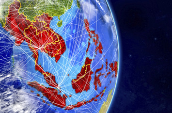 ASEAN-Mitgliedsstaaten auf dem Planeten Erde mit Netzwerken. Äußerst detaillierte Planetenoberfläche und Wolken. 3D-Abbildung.
