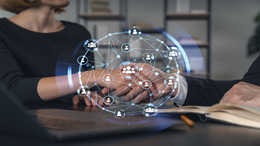 Business handshake with digital network overlay, office background