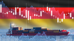 Containerschiff unter deutscher Flagge. Oberhalb angedeutete Börsenkursen