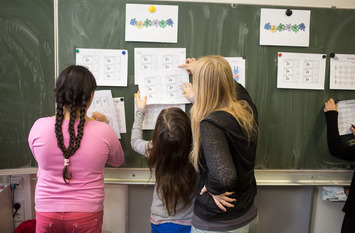 Schüler:innen vor einer Tafel