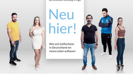 zu sehen ist das Cover des Buches "Neu hier" wo mehrere Personen vor hellem Hintergrund stehen