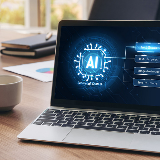 Auf einem Tisch steht ein Laptop, auf dessen Bildschirm ein Symbol für Künstliche Intelligenz zu sehen ist: Der Schriftzug "AI", neben dem mehrere Menüfelder zu sehen sind. Das Menüfeld "Text Generation" (Texterzeugung) ist ausgewählt.