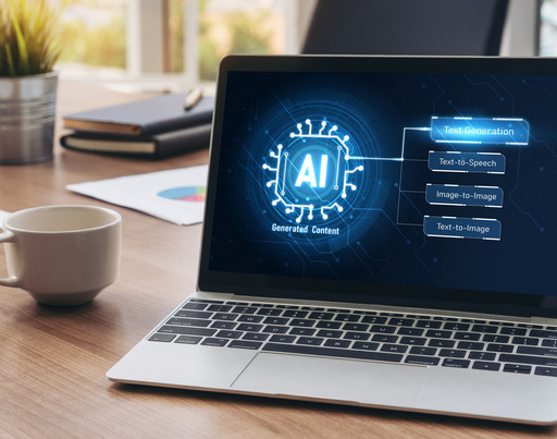 Auf einem Tisch steht ein Laptop, auf dessen Bildschirm ein Symbol für Künstliche Intelligenz zu sehen ist: Der Schriftzug "AI", neben dem mehrere Menüfelder zu sehen sind. Das Menüfeld "Text Generation" (Texterzeugung) ist ausgewählt.