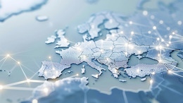 Digitale Karte von Europa mit globalen Netzwerkverbindungen, globale Netzwerküberlagerung auf europäischer Digitalkarte