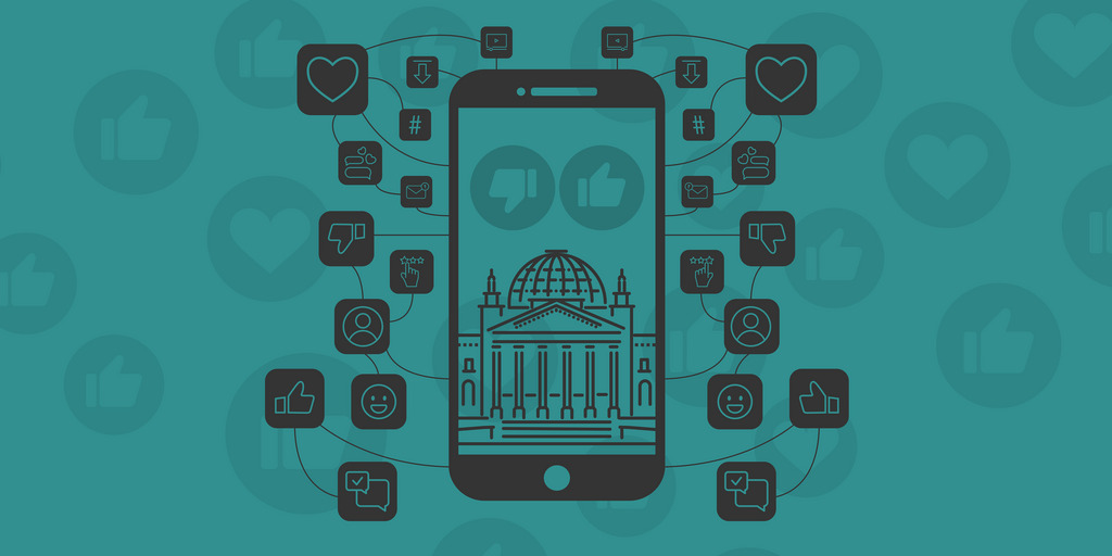 Vor einem türkisfarbenen Hintergrund sieht man ein grafisch dargestelltes Smartphone mit dem Reichstagsgebäude im Hintergrund sowie verschiedene Emojis wie ein Daumen hoch oder Herzen.