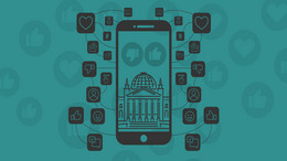 Vor einem türkisfarbenen Hintergrund sieht man ein grafisch dargestelltes Smartphone mit dem Reichstagsgebäude im Hintergrund sowie verschiedene Emojis wie ein Daumen hoch oder Herzen.