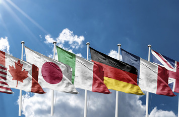 G7 summit or meeting concept. Row of flags of member of G7 group