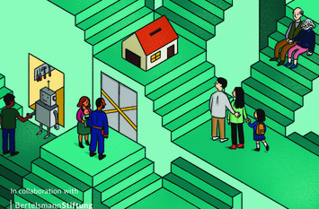 Das Bild zeigt grüne Treppen auf denen bunte Männchen stehen.
