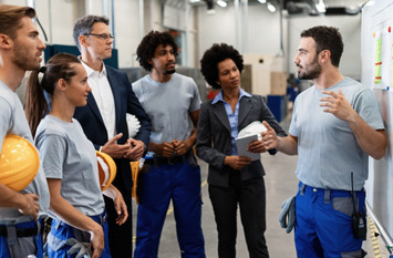 Ein Arbeiter kommuniziert mit der Unternehmensleitung und seinen Kollegen während einer Geschäftspräsentation in einer Fabrik.