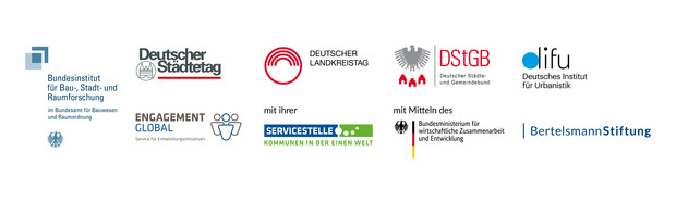 The logo of the Federal Institute for Construction, Urban and Spatial Research, Deutscher Städtetag, Deutscher Landkreistag, Deutscher Städte- und Gemeindebund, German Institute for Urban Affairs, Engagement Global, Service Agency Communities in One World, Federal Ministry for Economic Cooperation and Development and the Bertelsmann Stiftung.