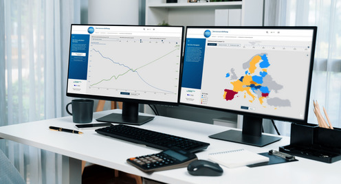 Two screens of dynamic stock market exchange graph showing on computer. Automatically trading sell or buy profit on time application investment on financial technology updated on software.