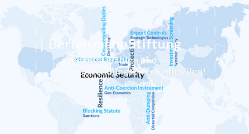 Cover of the study on EU's new geo-economic instruments: a turquoise world map with the key terms of the study