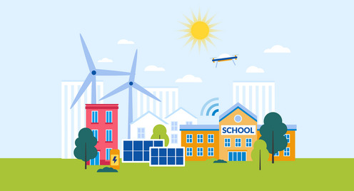 Illustration einer kleinen Stadt mit Schulgebäude, Windrädern und Bäumen. Die Sonne scheint.