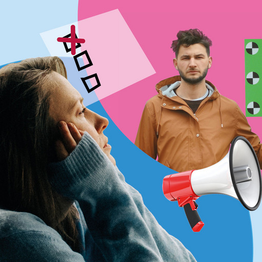 In einer Bildcollage sind drei junge Menschen in verschiedenen Situationen zu sehen. Eine junge Frau ist von der Seite zu sehen, wie sie ihre Gesicht in ihre Hände gestützt hat und nachdenklich in die Ferne blickt. Eine andere junge Frau ist sitzend abgebildet, sie blickt selbstbewusst in die Kamera und hält ihr Handy in der Hand. Ein junger Mann hält auf einer Demonstration ein Schild in seiner Hand und blickt ernst und entschlossen in die Kamera. Außerdem sind ein Megaphon und die Zeichnung eines ausgefüllten Stimmzettels zu sehen.