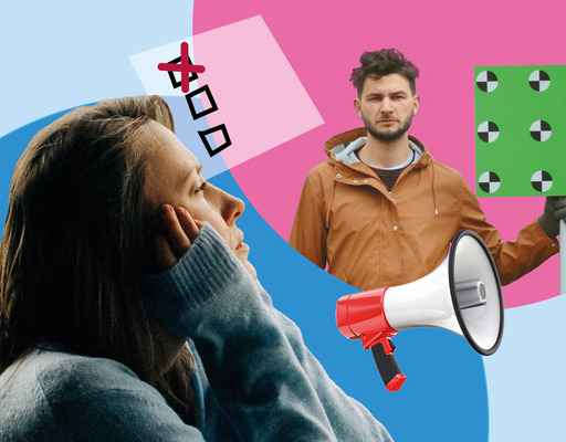 In einer Bildcollage sind drei junge Menschen in verschiedenen Situationen zu sehen. Eine junge Frau ist von der Seite zu sehen, wie sie ihre Gesicht in ihre Hände gestützt hat und nachdenklich in die Ferne blickt. Eine andere junge Frau ist sitzend abgebildet, sie blickt selbstbewusst in die Kamera und hält ihr Handy in der Hand. Ein junger Mann hält auf einer Demonstration ein Schild in seiner Hand und blickt ernst und entschlossen in die Kamera. Außerdem sind ein Megaphon und die Zeichnung eines ausgefüllten Stimmzettels zu sehen.