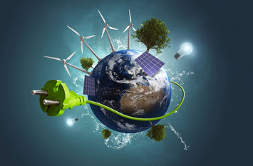Die Erde wird in kleiner Form dargestellt. Auf ihr sieht man Windräder, Solarpanels, Bäume und ein grünes Stromkabel mit Stecker.