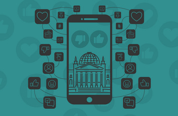 Die Grafik zeigt ein Smartphone mit einer Illustration des Reichstagsgebäudes im Display, umgeben von zahlreichen Social-Media-Symbolen wie Likes, Dislikes, Kommentaren und Hashtags.
