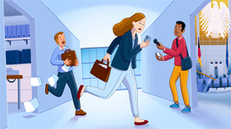 Die Illustration zeigt eine dynamische Szene im Umfeld des Deutschen Bundestags: Eine Frau in Businesskleidung eilt mit Handy und Aktenkoffer durch einen Flur, gefolgt von einem gestressten Mann mit Unterlagen. Ihnen entgegen kommt ein Journalist mit Mikrofon und Aufnahmegerät.