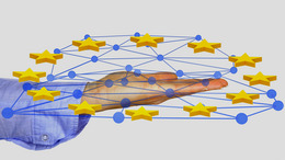 Hand holding network with stars symbolizing the EU flag