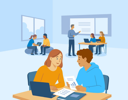 Die Illustration zeigt eine moderne Lernsituation in einem offenen, hellen Klassenraum. Mehrere Kleingruppen von Schüler:innen arbeiten gemeinsam an Laptops oder mit Arbeitsblättern, während eine Lehrperson vorne an einem Whiteboard Inhalte erklärt.