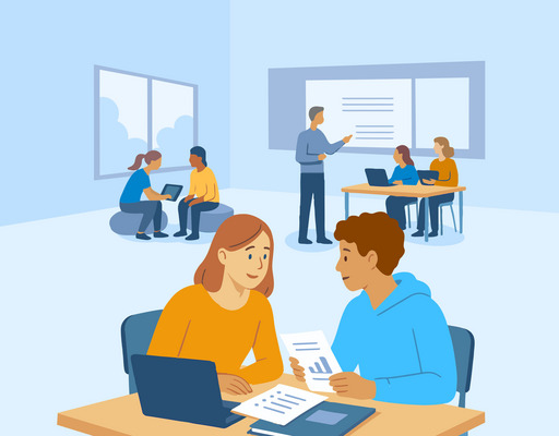 Die Illustration zeigt eine moderne Lernsituation in einem offenen, hellen Klassenraum. Mehrere Kleingruppen von Schüler:innen arbeiten gemeinsam an Laptops oder mit Arbeitsblättern, während eine Lehrperson vorne an einem Whiteboard Inhalte erklärt.