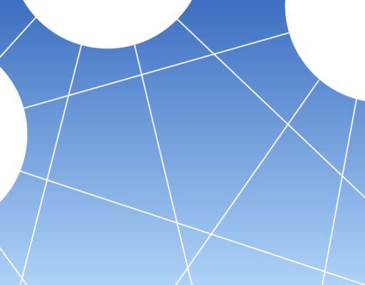 Das Bild zeigt ein stilisiertes Netzwerk aus weißen Kreisen, die durch weiße Linien miteinander verbunden sind, vor einem blauen Farbverlauf – eine grafische Darstellung dezentraler Verbindungen.