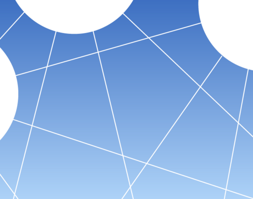 Das Bild zeigt ein stilisiertes Netzwerk aus weißen Kreisen, die durch weiße Linien miteinander verbunden sind, vor einem blauen Farbverlauf – eine grafische Darstellung dezentraler Verbindungen.