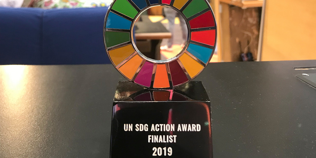 Preis UN SDG Acion Award 2019 für Finalisten. Würfel auf dem der Color Wheel der UN zu den SDG. Im Intergrund ist die Veranstaltungshalle mit deren Gästen zu sehen.